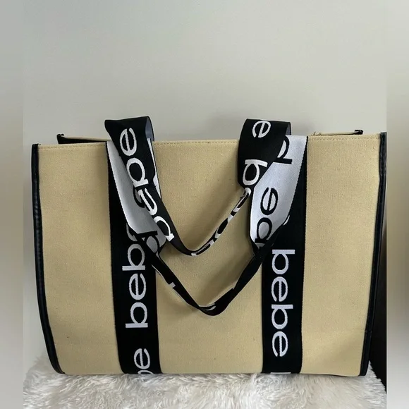 Bebe Beige Tote with Black Logo Straps NWT - Picture 6 of 9